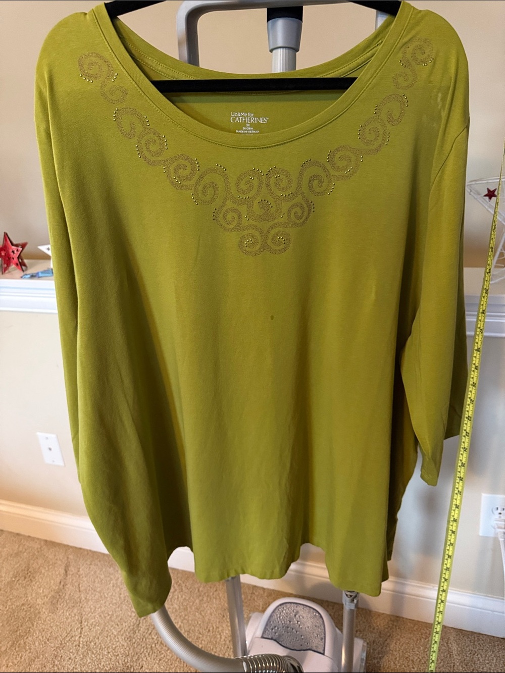 Catherines Olive Green Long Sleeve Scoop Neck Top with Swirl Embellishment